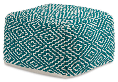 Teal geometric pouf with diamond and cross pattern, rounded cube form.