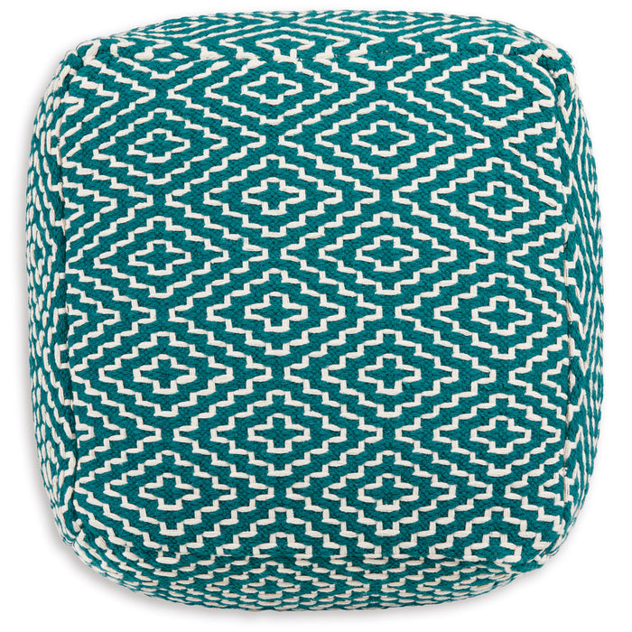 Teal patterned pouf with repeating diamond cross motifs, rounded cube.