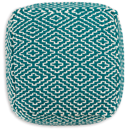 Teal patterned pouf with repeating diamond cross motifs, rounded cube.