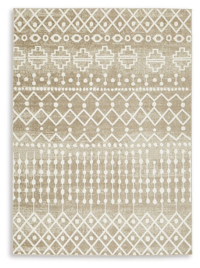 Beige and white geometric area rug with diamond, cross, and line motifs