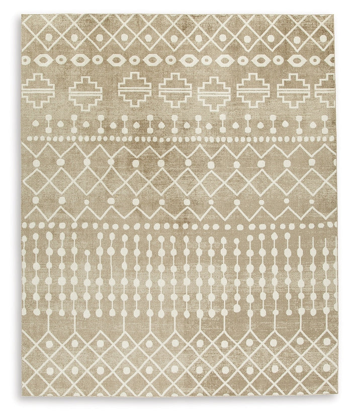 Beige and white geometric area rug with horizontal borders and medallion motifs