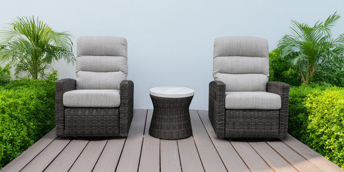 Round woven outdoor end table with white top and dark circular base.