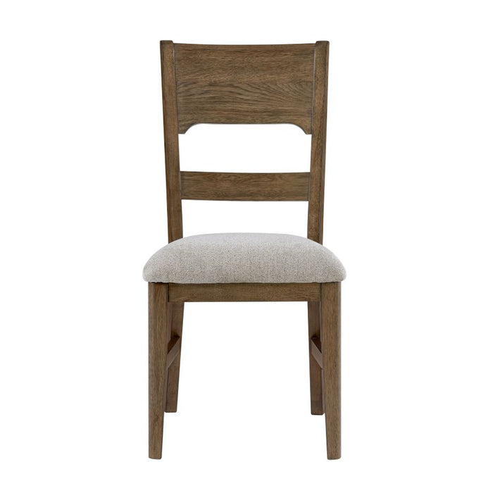 Cameron dining chair with dark wood frame and light gray upholstered seat, backrest