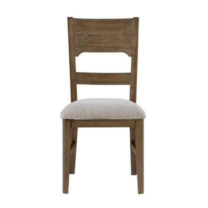 Cameron dining chair with dark wood frame and light gray upholstered seat, backrest