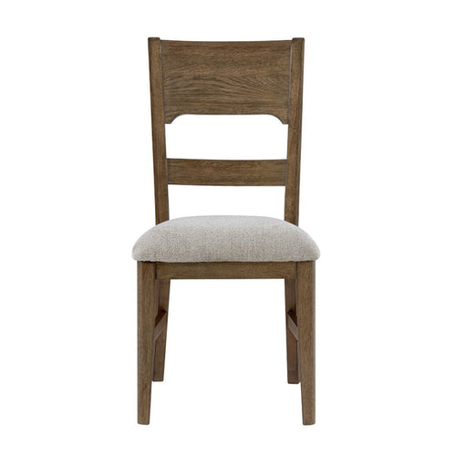 Cameron dining chair with dark wood frame and light gray upholstered seat, backrest