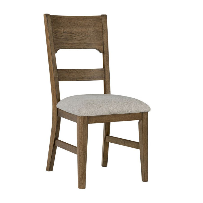 Cameron dining chair, angled view, dark wood back with arched cutout and gray seat