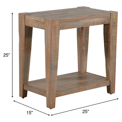 Chairside end table with rustic wood finish, square top, and lower shelf