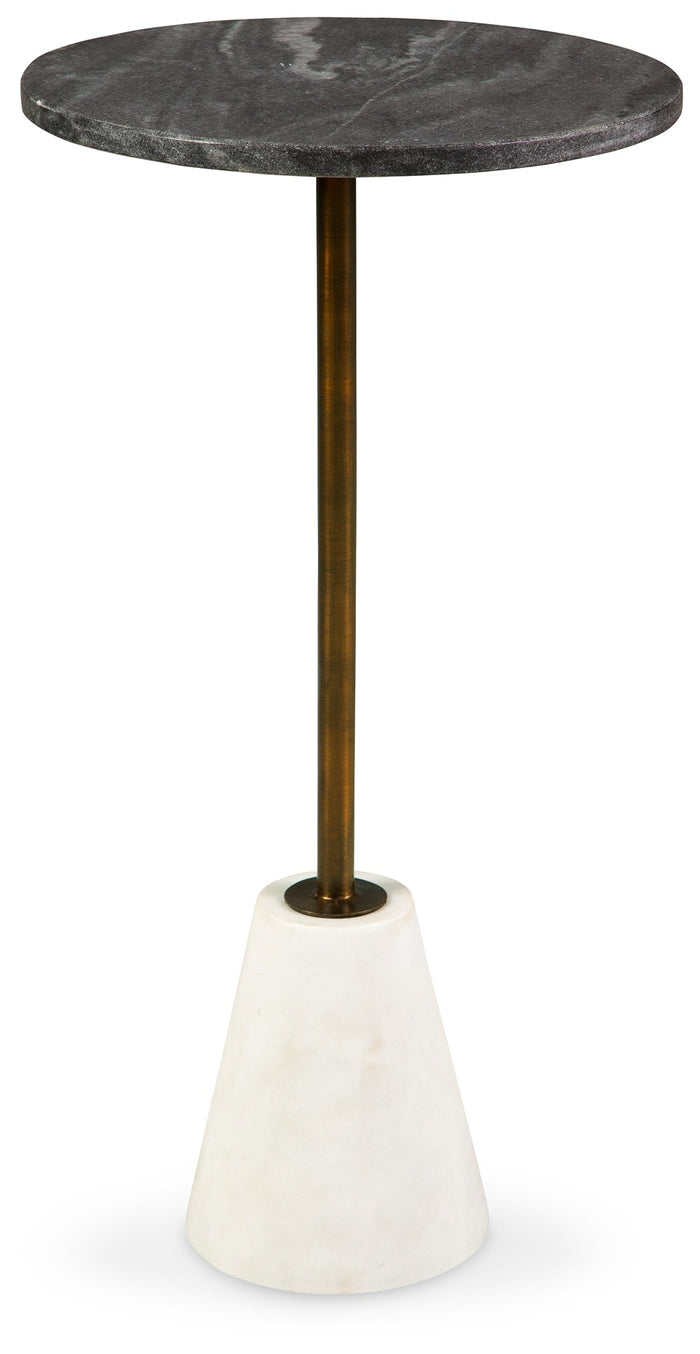 Round accent table with dark stone-look top, slender gold stem, off-white pedestal base