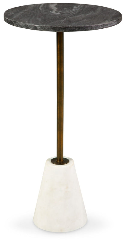 Round accent table with dark stone-look top, slender gold stem, off-white pedestal base