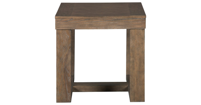 Wood end table with square top and open underframe, dark finish