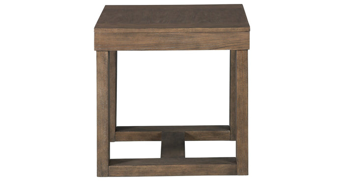 Wood end table with open lower shelf under square top, dark brown wood