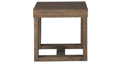 Wood end table with open lower shelf under square top, dark brown wood