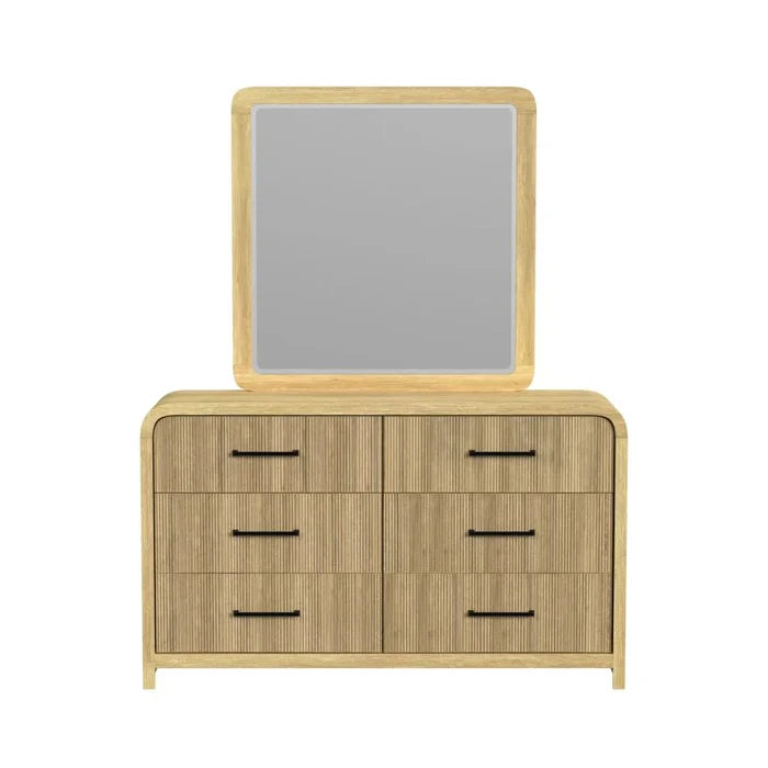 Light wood dresser mirror with clear glass and six drawers with black bar pulls.