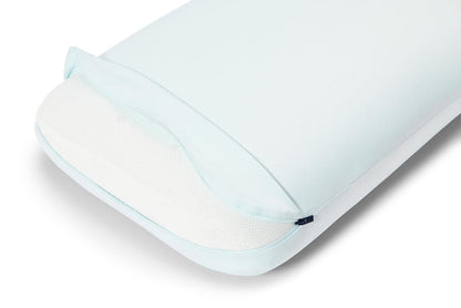 Light blue Casper hybrid snow pillow cover close-up with breathable mesh panel and zipper edge