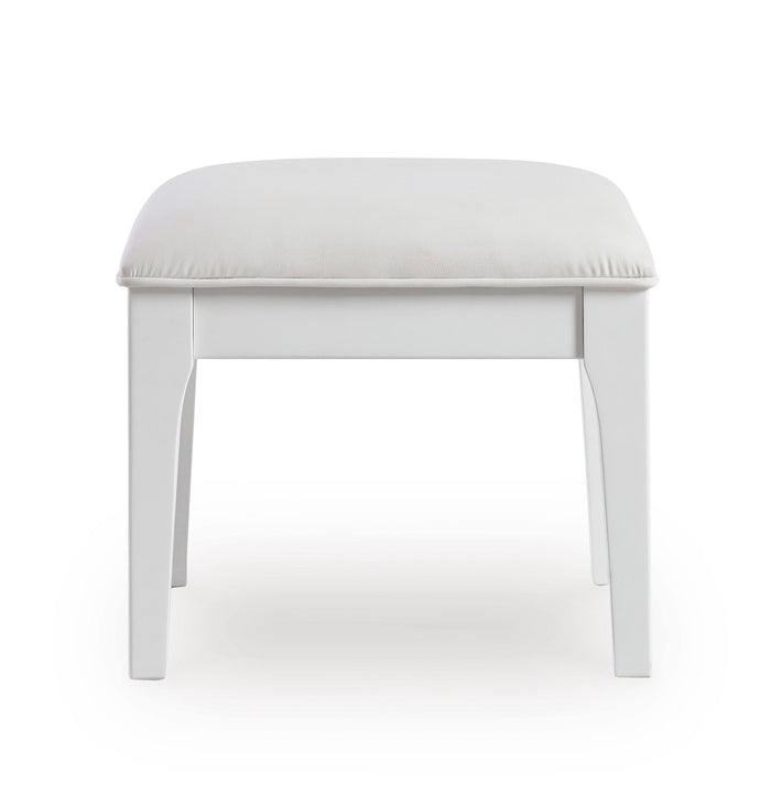 White vanity stool with padded light-gray seat and four straight legs