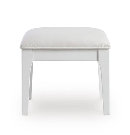 White vanity stool with padded light-gray seat and four straight legs