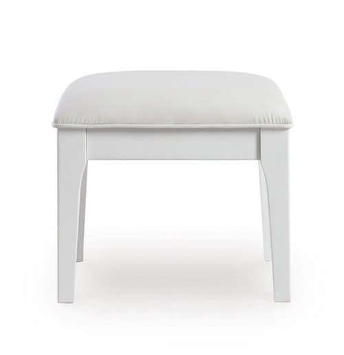 White vanity stool with padded light-gray seat and four straight legs