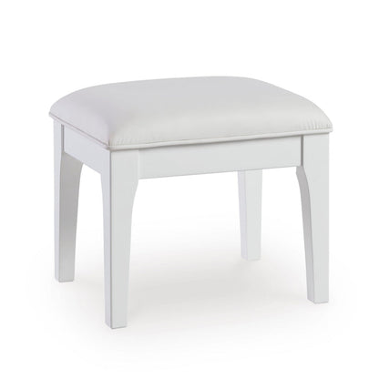 White vanity stool with cushioned seat and four straight legs