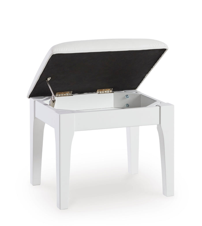 Lift-top vanity stool with white base, black cushioned underside, and hidden storage