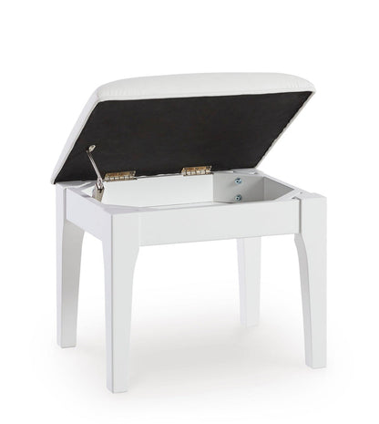 Lift-top vanity stool with white base, black cushioned underside, and hidden storage