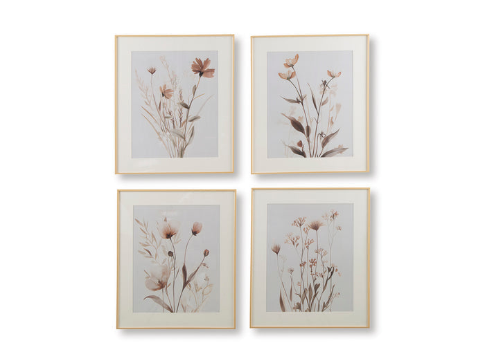 Set of 4 framed botanical prints with beige stems, brown blossoms, and gray mats