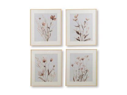 Set of 4 framed botanical prints with beige stems, brown blossoms, and gray mats