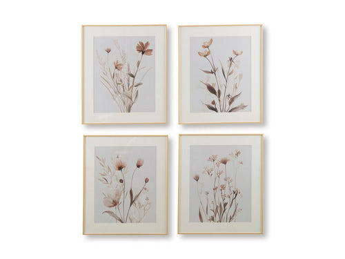 Set of 4 framed botanical prints with beige stems, brown blossoms, and gray mats