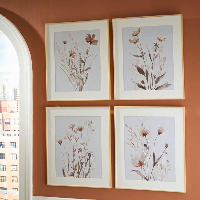 Set of 4 framed botanical prints with beige stems and brown flowers on pale gray mats