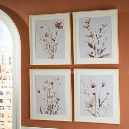 Set of 4 framed botanical prints with beige stems and brown flowers on pale gray mats