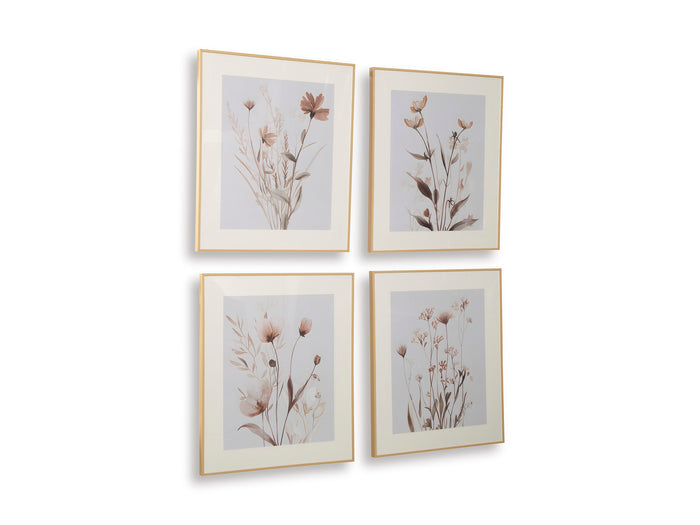 Four framed floral wall prints with beige and brown stems on light gray backgrounds