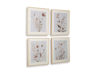 Four framed floral wall prints with beige and brown stems on light gray backgrounds