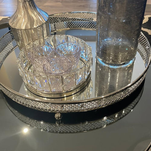 Clarins extra Large Round Nickel Plated Mirror Tray reduced less than half price-Renaissance Design Studio