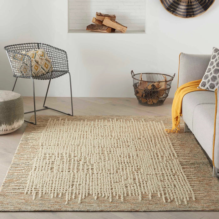 Cream textured rug with short flatweave surface, multicolor grid pattern, 2'3" x 7'6"