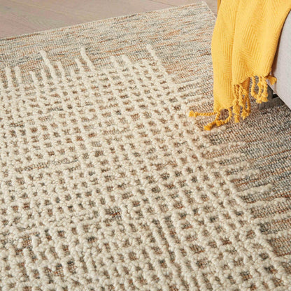Close-up textured area rug with cream loops and gray-brown stripes, 2'3" x 7'6"