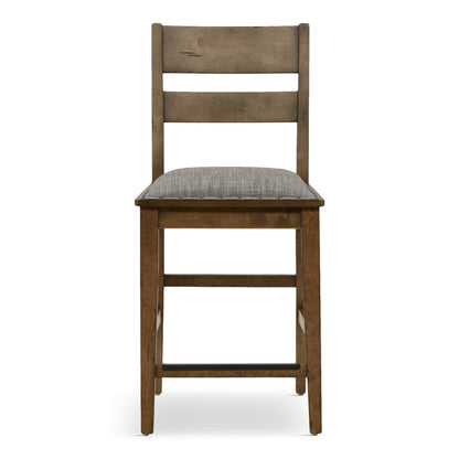 Ladder back dining chair with gray fabric seat cushion and distressed brown wood frame