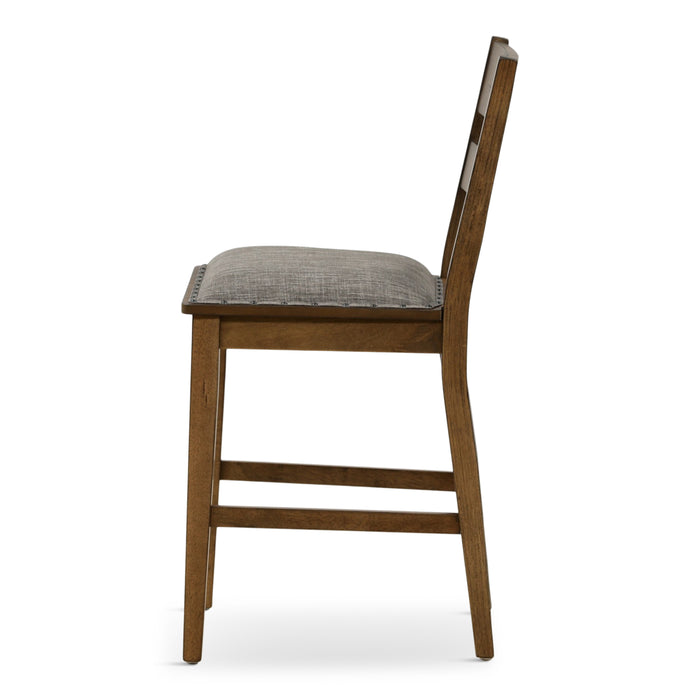 Ladder back dining chair with gray fabric seat cushion, brown wood side profile