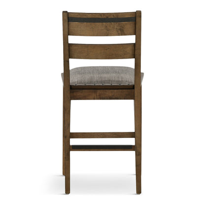 Ladder back dining chair with gray upholstered seat and distressed brown slatted back