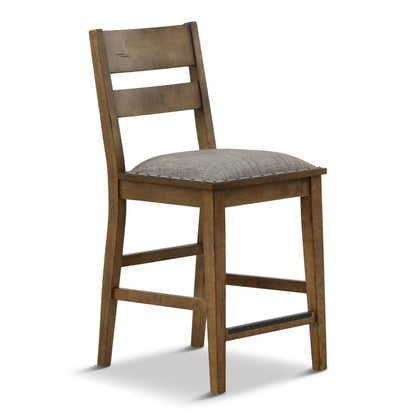 Ladder back dining chair with gray cushion seat and distressed brown wood frame, front angle