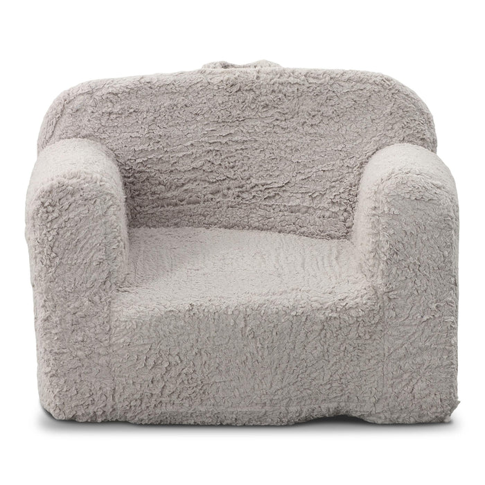 Grey sherpa accent chair with rounded arms and wide seat, cozy textured upholstery