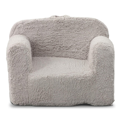 Grey sherpa accent chair with rounded arms and wide seat, cozy textured upholstery