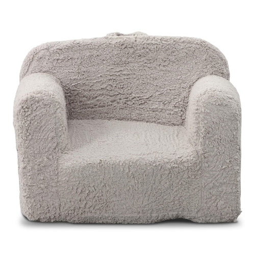 Grey sherpa accent chair with rounded arms and wide seat, cozy textured upholstery