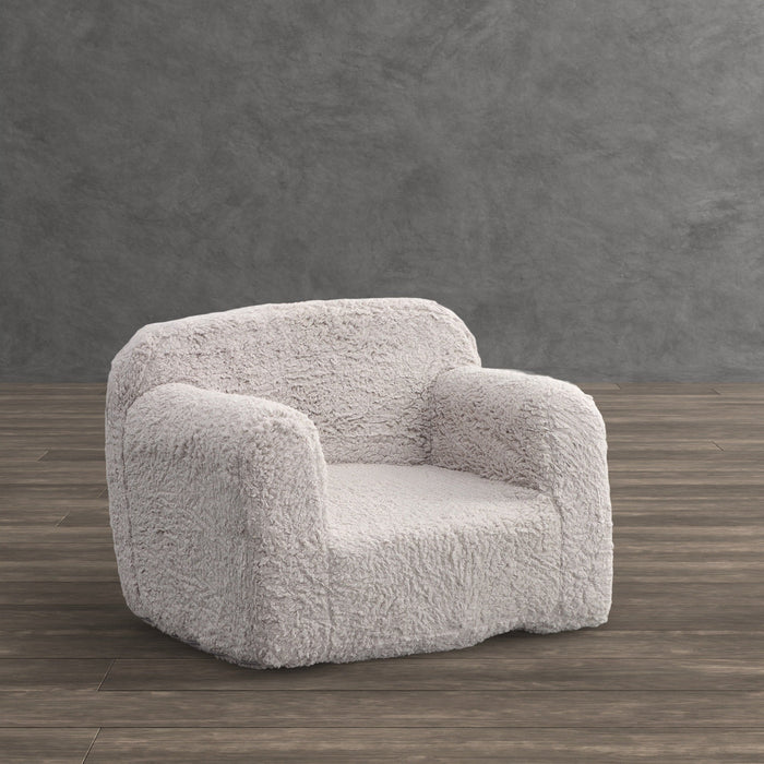 Grey sherpa slipper chair with curved arms and backrest, thick plush seat