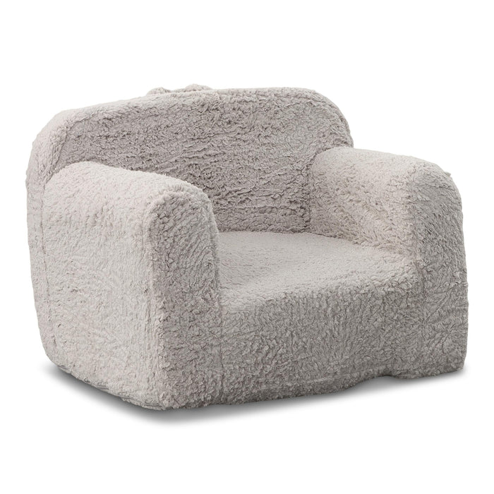 Grey sherpa accent chair, rounded armrests and cushioned back with plush texture