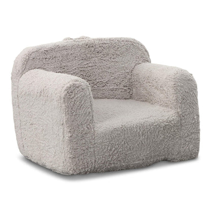 Grey sherpa accent chair, rounded armrests and cushioned back with plush texture