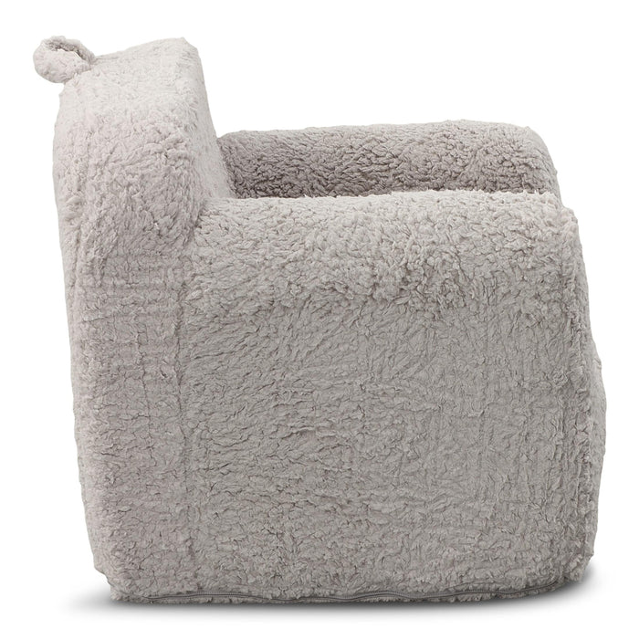 Grey sherpa upholstered chair with thick seat, rounded back, and softly curved arms