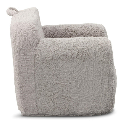 Grey sherpa upholstered chair with thick seat, rounded back, and softly curved arms