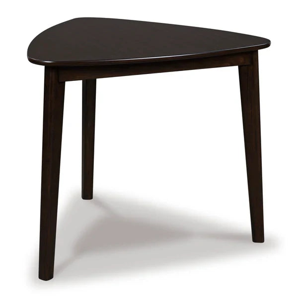 Dark brown triangular dining table with rounded top and three tapered legs