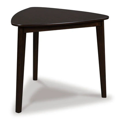 Dark brown triangular dining table with rounded top and three tapered legs