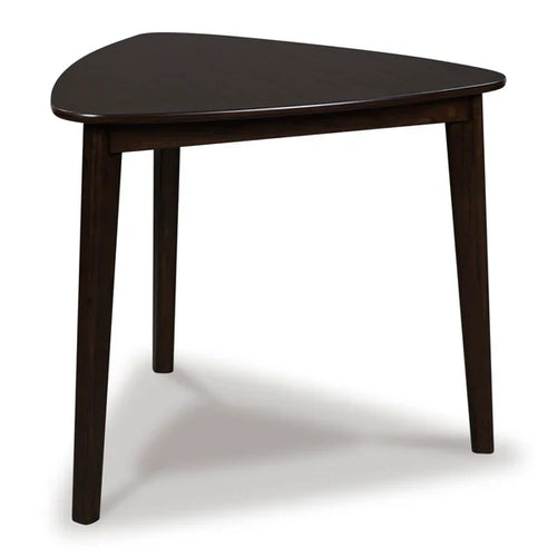 Dark brown triangular dining table with rounded top and three tapered legs