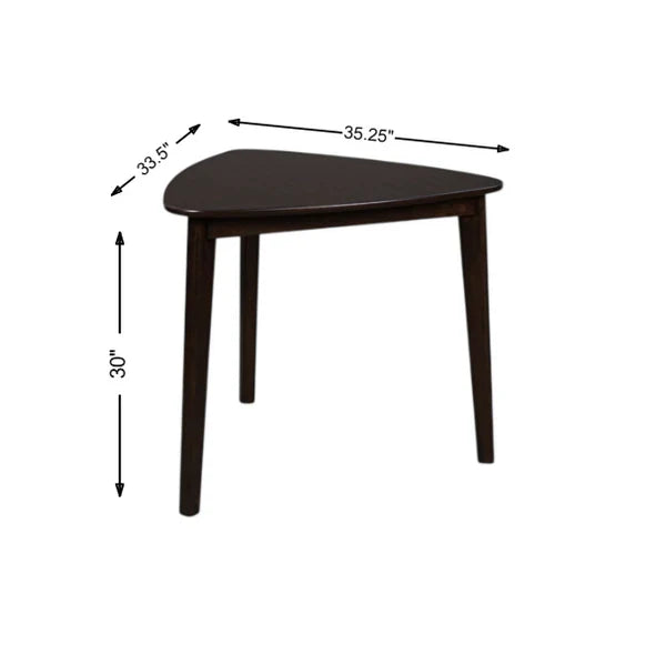 Triangular dining table dimensions view: dark top, three tapered legs